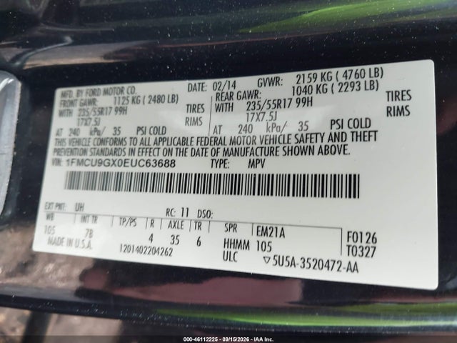 Продажа на аукционе авто 2014 Ford Escape Se, vin: 1FMCU9GX0EUC63688, номер лота: 46112225