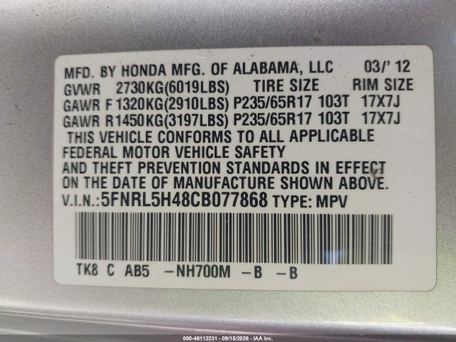 Продажа на аукционе авто 2012 Honda Odyssey Ex, vin: 5FNRL5H48CB077868, номер лота: 46112231