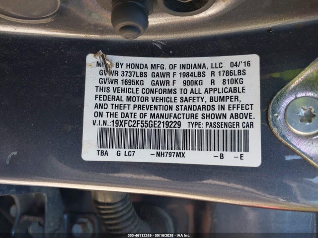 46112249 :رقم المزاد ، 19XFC2F55GE219229 vin ، 2016 Honda Civic Lx مزاد بيع