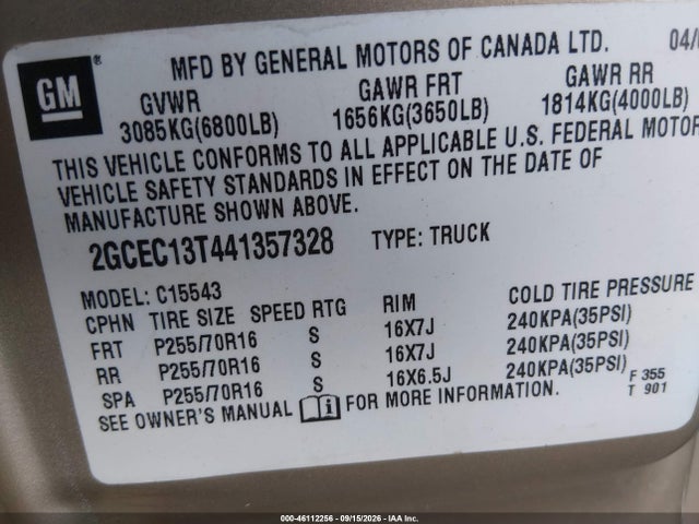 46112256 :رقم المزاد ، 2GCEC13T441357328 vin ، 2004 Chevrolet Silverado 1500 Ls مزاد بيع