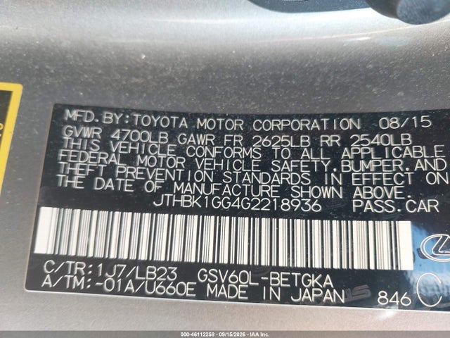 46112258 :رقم المزاد ، JTHBK1GG4G2218936 vin ، 2016 Lexus Es 350 مزاد بيع