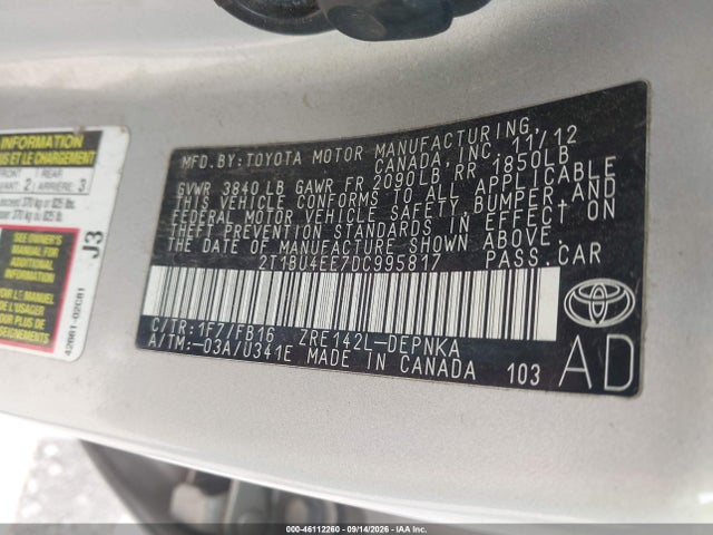 46112260 :رقم المزاد ، 2T1BU4EE7DC995817 vin ، 2013 Toyota Corolla Le مزاد بيع
