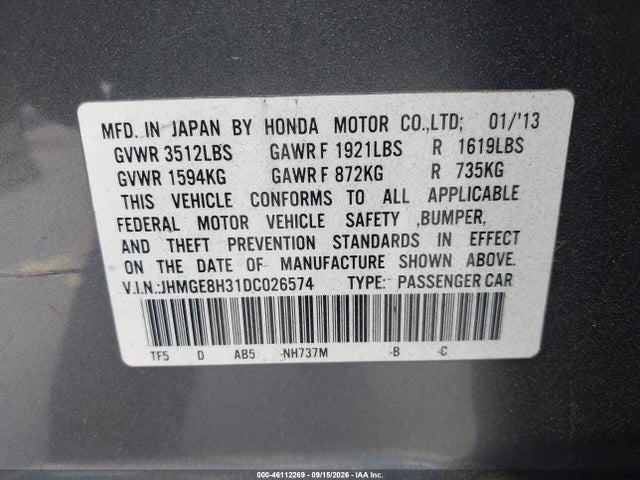 Aukcja sprzedaży 2013 Honda Fit, vin: JHMGE8H31DC026574, numer aukcji: 46112269