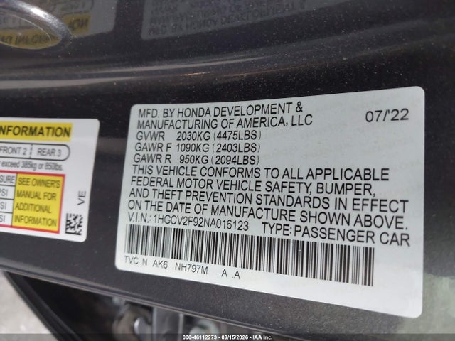 Honda Accord Touring 2022 1HGCV2F92NA016123 Image 9