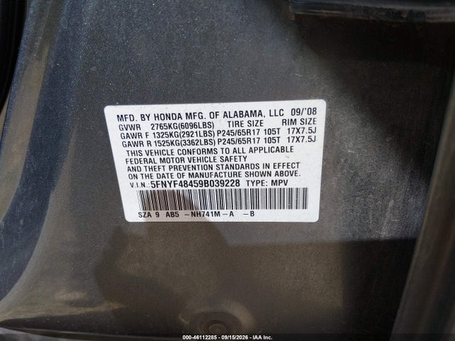 46112285 :رقم المزاد ، 5FNYF48459B039228 vin ، 2009 Honda Pilot Ex مزاد بيع