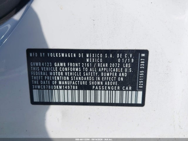 2019 Volkswagen Jetta 1.4t R-line/1.4t S/1.4t Se მანქანა იყიდება აუქციონზე, vin: 3VWCB7BU3KM149788, აუქციონის ნომერი: 46112290