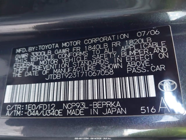 Aukcja sprzedaży 2007 Toyota Yaris, vin: JTDBT923171067058, numer aukcji: 46112294