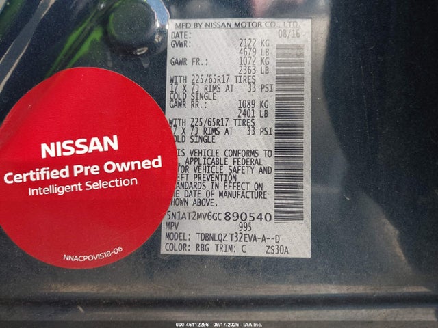 46112296 :رقم المزاد ، 5N1AT2MV6GC890540 vin ، 2016 Nissan Rogue Sv مزاد بيع