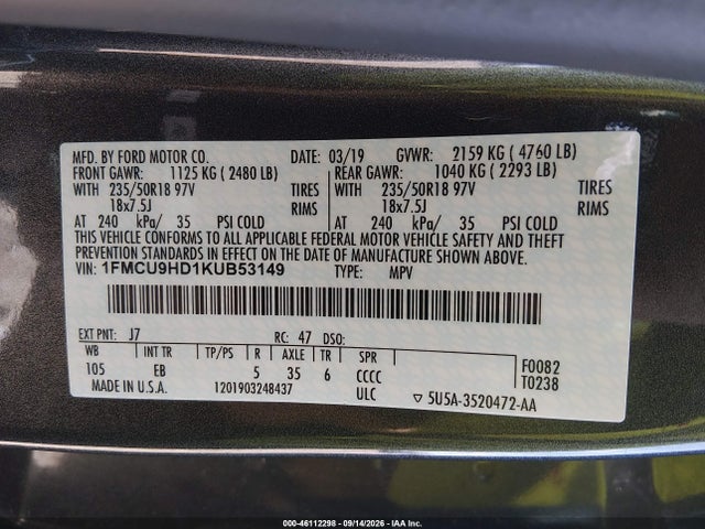 Продажа на аукционе авто 2019 Ford Escape Sel, vin: 1FMCU9HD1KUB53149, номер лота: 46112298