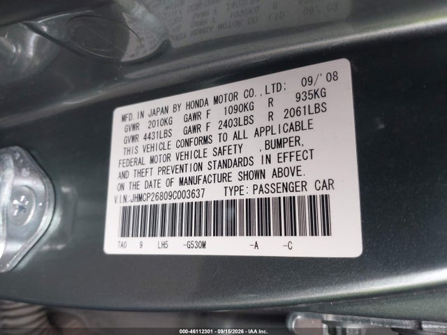 Aukcja sprzedaży 2009 Honda Accord 2.4 Ex-l, vin: JHMCP26809C003637, numer aukcji: 46112301