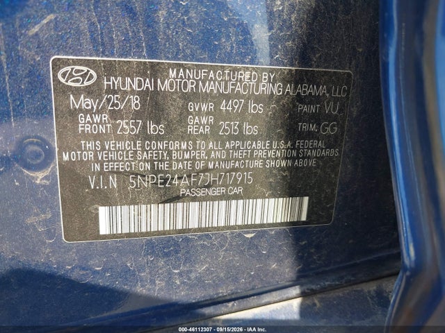Auction sale of the 2018 Hyundai Sonata Se, vin: 5NPE24AF7JH717915, lot number: 46112307