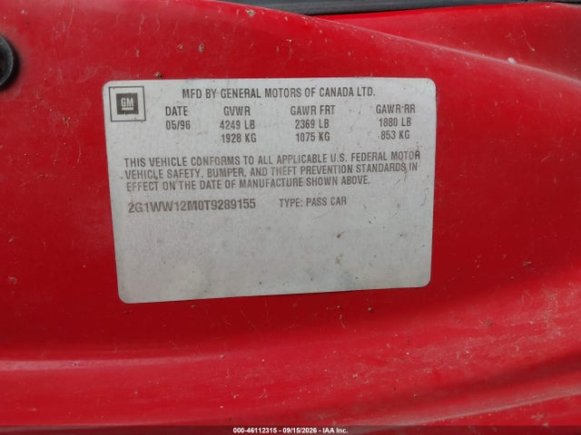 Auction sale of the 1996 Chevrolet Monte Carlo Ls, vin: 2G1WW12M0T9289155, lot number: 46112315