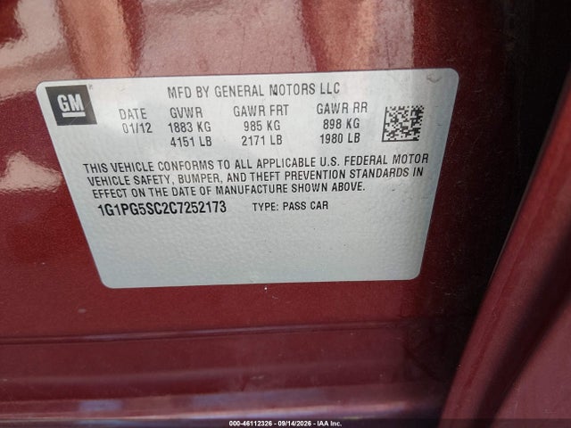 Продажа на аукционе авто 2012 Chevrolet Cruze 2lt, vin: 1G1PG5SC2C7252173, номер лота: 46112326
