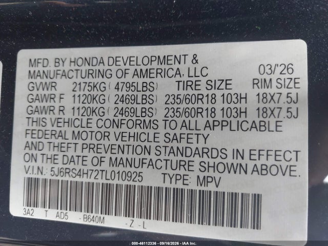 Aukcja sprzedaży 2026 Honda Cr-v Ex-l Awd, vin: 5J6RS4H72TL010925, numer aukcji: 46112336