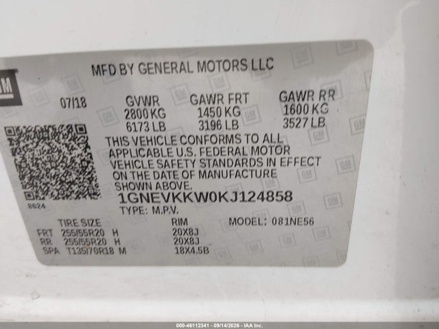 Aukcja sprzedaży 2019 Chevrolet Traverse Premier, vin: 1GNEVKKW0KJ124858, numer aukcji: 46112341