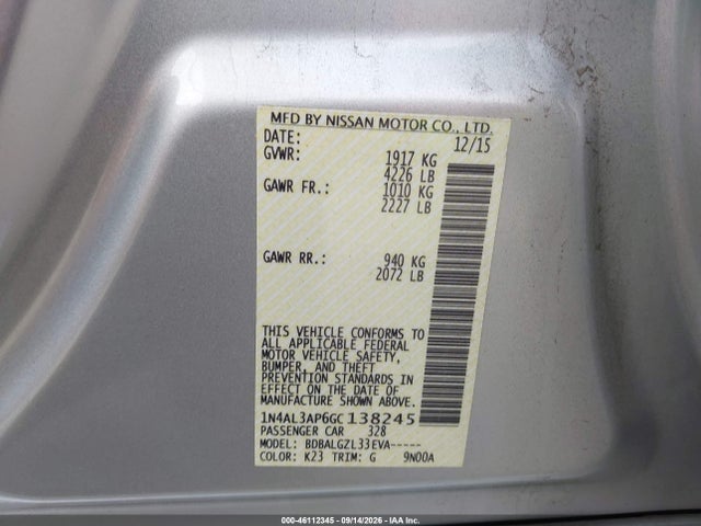 Nissan Altima 2.5 S 2016 1N4AL3AP6GC138245 Image 9