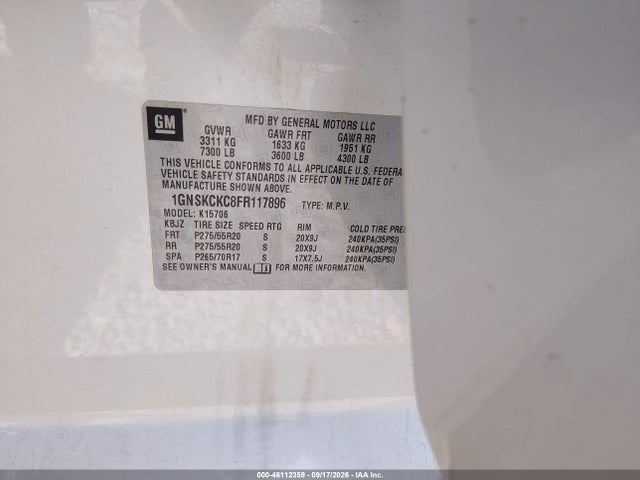 Aukcja sprzedaży 2015 Chevrolet Tahoe Ltz, vin: 1GNSKCKC8FR117896, numer aukcji: 46112359