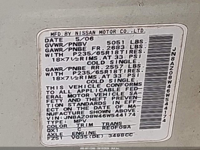 Продаж на аукціоні авто 2006 Nissan Murano Sl, vin: JN8AZ08W46W544174, номер лоту: 46112360
