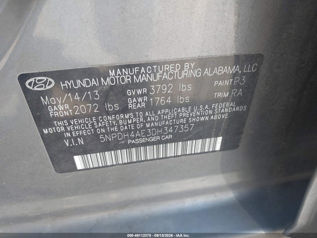 2013 Hyundai Elantra Gls მანქანა იყიდება აუქციონზე, vin: 5NPDH4AE3DH347357, აუქციონის ნომერი: 46112375