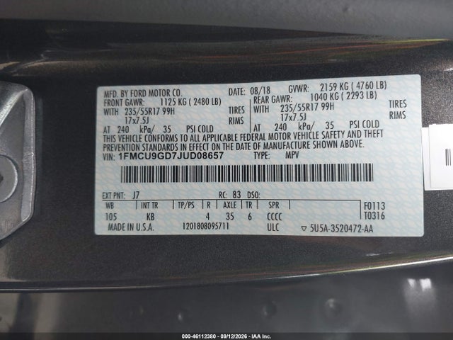 2018 Ford Escape Se მანქანა იყიდება აუქციონზე, vin: 1FMCU9GD7JUD08657, აუქციონის ნომერი: 46112380