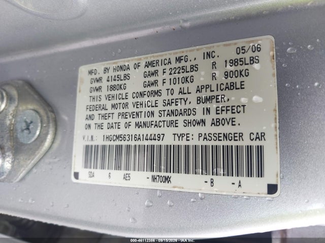 Aukcja sprzedaży 2006 Honda Accord 2.4 Se, vin: 1HGCM56316A144497, numer aukcji: 46112386