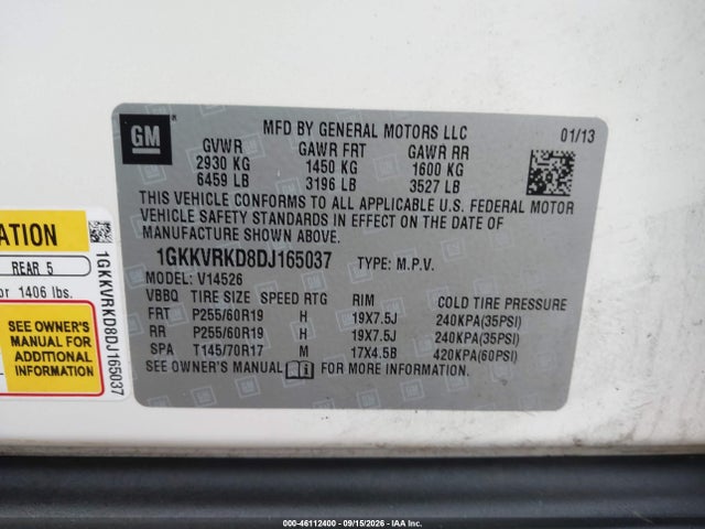 2013 Gmc Acadia Slt-1 მანქანა იყიდება აუქციონზე, vin: 1GKKVRKD8DJ165037, აუქციონის ნომერი: 46112400