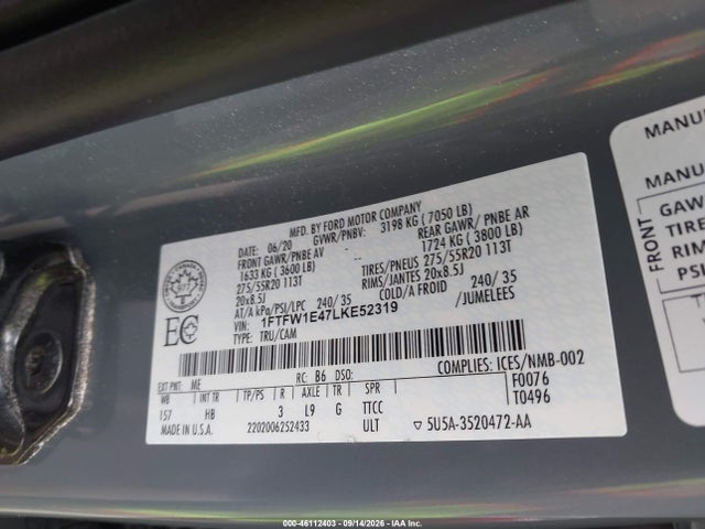 Ford F-150 Lariat 2020 1FTFW1E47LKE52319 Image 9