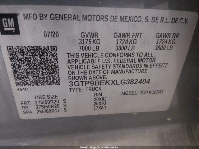 2020 Gmc Sierra 1500 4wd  Short Box Sle მანქანა იყიდება აუქციონზე, vin: 3GTP9BEKXLG382404, აუქციონის ნომერი: 46112426