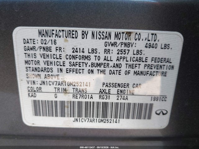 Aukcja sprzedaży 2016 Infiniti Q50 2.0t Premium, vin: JN1CV7AR1GM252141, numer aukcji: 46112437