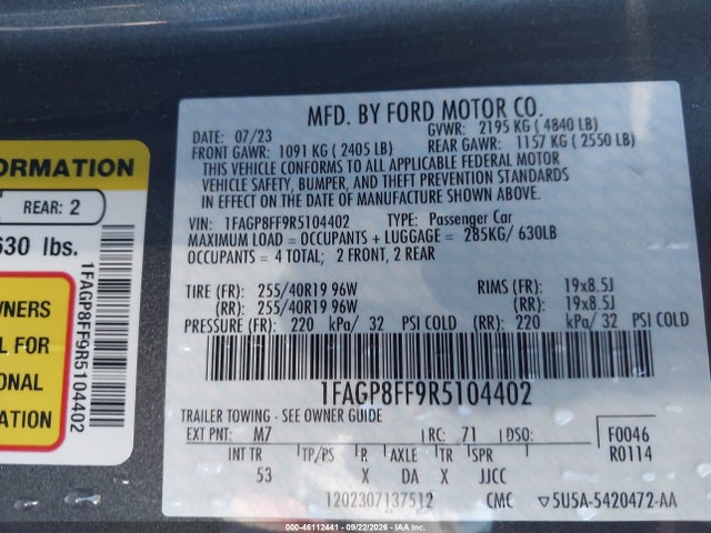 46112441 :رقم المزاد ، 1FAGP8FF9R5104402 vin ، 2024 Ford Mustang Gt Premium مزاد بيع
