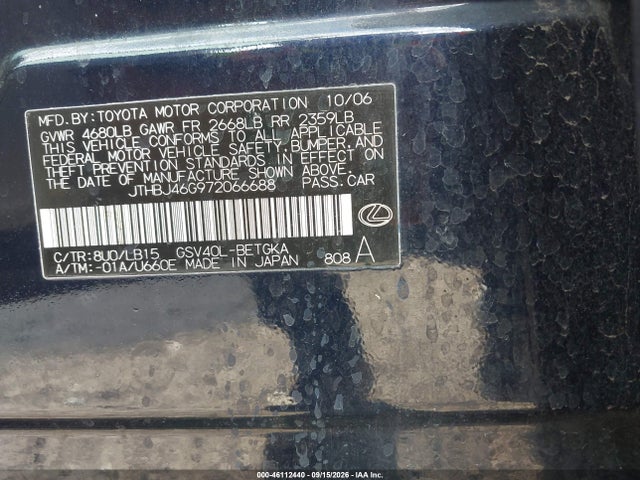 Продаж на аукціоні авто 2007 Lexus Es 350, vin: JTHBJ46G972066688, номер лоту: 46112440