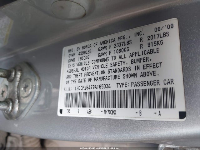 Aukcja sprzedaży 2009 Honda Accord 2.4 Lx-p, vin: 1HGCP26479A165034, numer aukcji: 46112442
