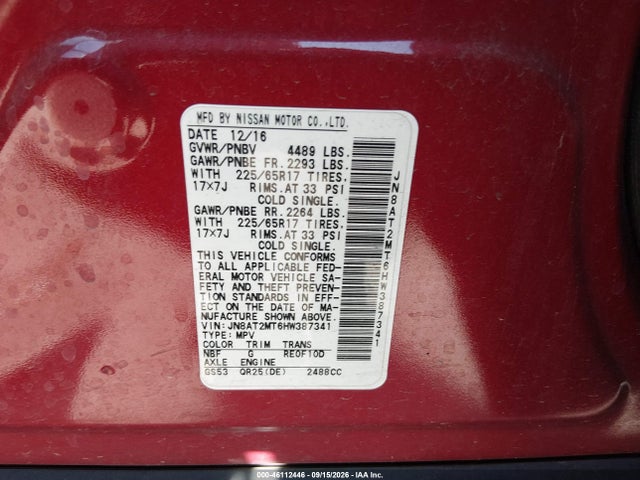 Aukcja sprzedaży 2017 Nissan Rogue S, vin: JN8AT2MT6HW387341, numer aukcji: 46112446