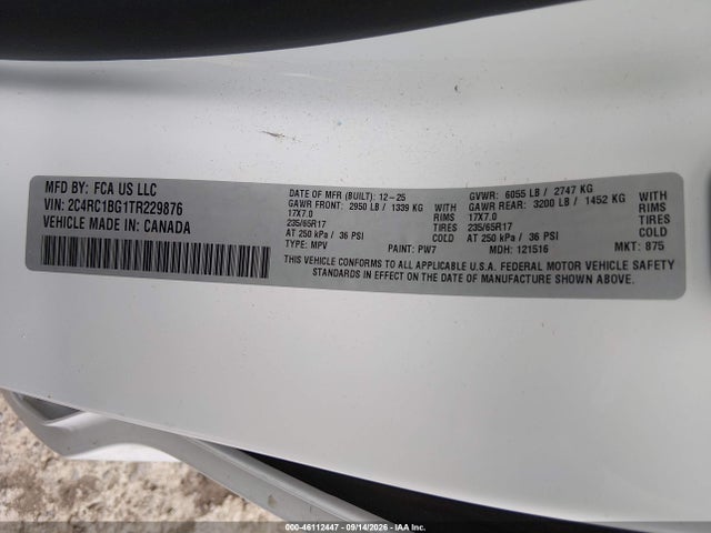 2026 Chrysler Pacifica Select მანქანა იყიდება აუქციონზე, vin: 2C4RC1BG1TR229876, აუქციონის ნომერი: 46112447
