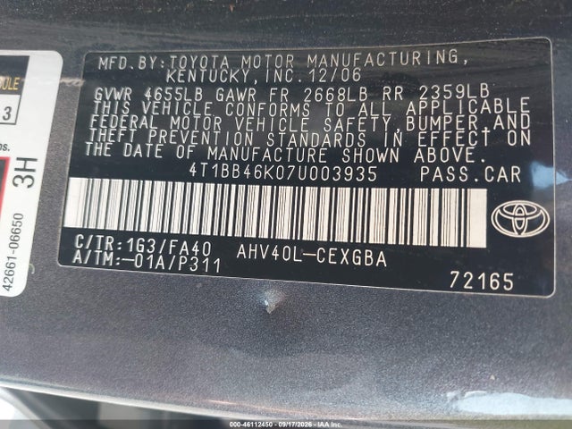 2007 Toyota Camry Hybrid მანქანა იყიდება აუქციონზე, vin: 4T1BB46K07U003935, აუქციონის ნომერი: 46112450