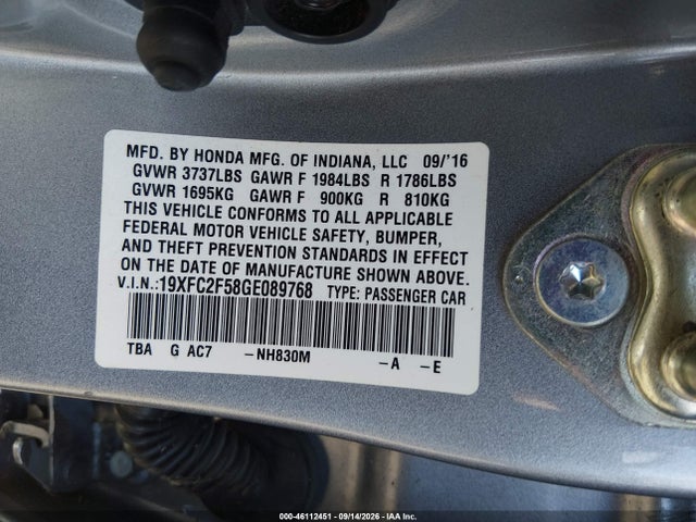 Aukcja sprzedaży 2016 Honda Civic Lx, vin: 19XFC2F58GE089768, numer aukcji: 46112451