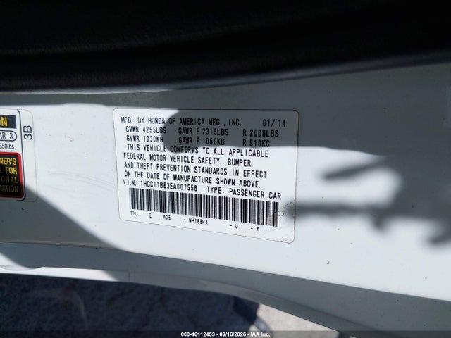 Aukcja sprzedaży 2014 Honda Accord Ex-l, vin: 1HGCT1B83EA007556, numer aukcji: 46112453