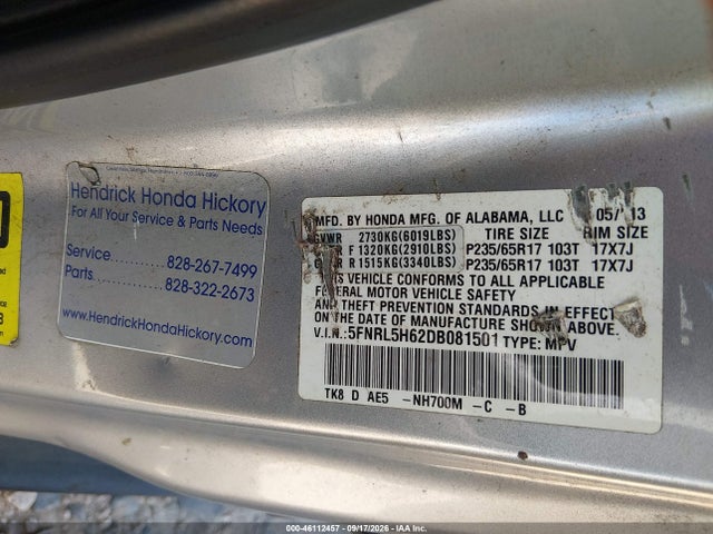 2013 Honda Odyssey Ex-l მანქანა იყიდება აუქციონზე, vin: 5FNRL5H62DB081501, აუქციონის ნომერი: 46112457