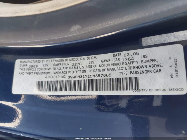 46112459 :رقم المزاد ، 3VWCM31Y15M357065 vin ، 2005 Volkswagen New Beetle Gls مزاد بيع