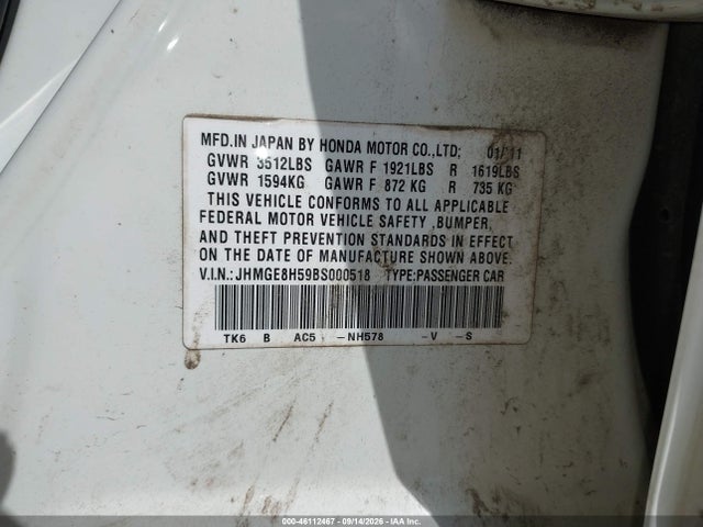 Aukcja sprzedaży 2011 Honda Fit Sport, vin: JHMGE8H59BS000518, numer aukcji: 46112467