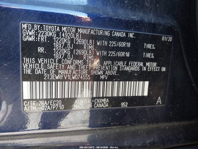 Продажа на аукционе авто 2020 Toyota Rav4 Hybrid Xse, vin: 2T3EWRFV1LW074555, номер лота: 46112472