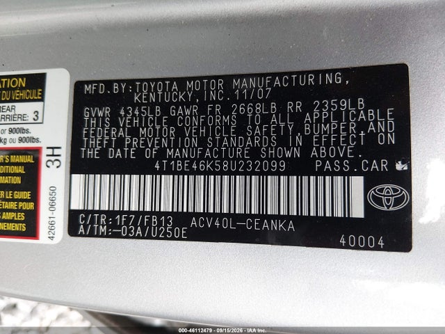 Aukcja sprzedaży 2008 Toyota Camry Le, vin: 4T1BE46K58U232099, numer aukcji: 46112479