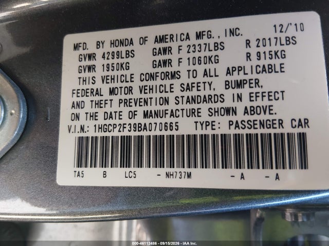 Aukcja sprzedaży 2011 Honda Accord 2.4 Lx, vin: 1HGCP2F39BA070665, numer aukcji: 46112486
