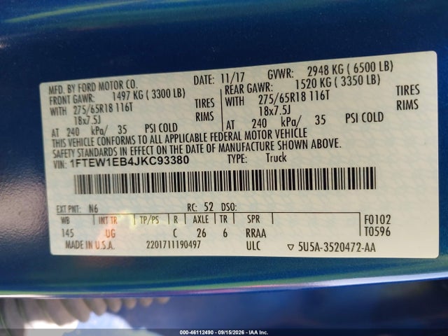 1FTEW1EB4JKC93380 Ford F-150 Xl/xlt