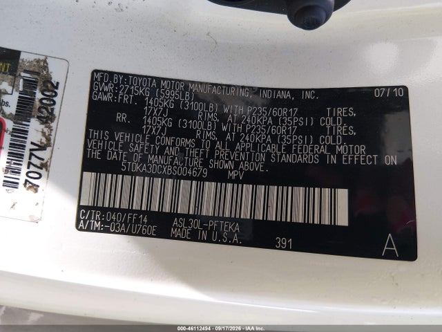 Aukcja sprzedaży 2011 Toyota Sienna, vin: 5TDKA3DCXBS004679, numer aukcji: 46112494