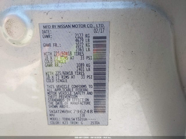 Nissan Rogue Sl 2017 5N1AT2MV9HC796248 Image 9