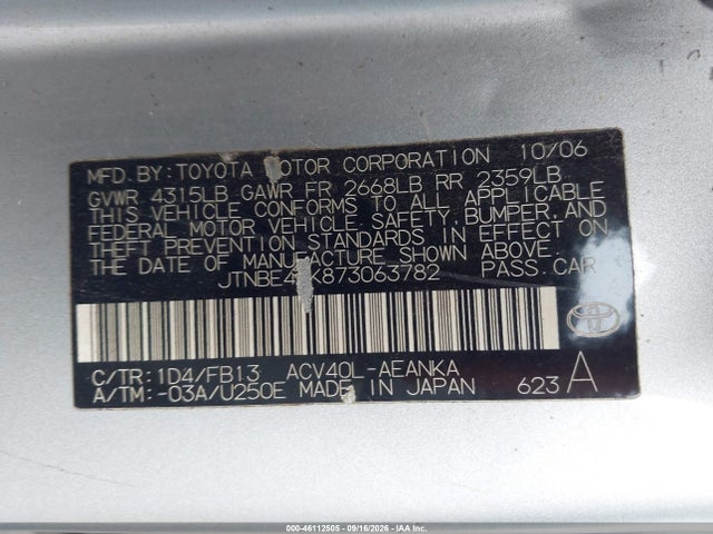2007 Toyota Camry Ce/le/se/xle მანქანა იყიდება აუქციონზე, vin: JTNBE46K873063782, აუქციონის ნომერი: 46112505