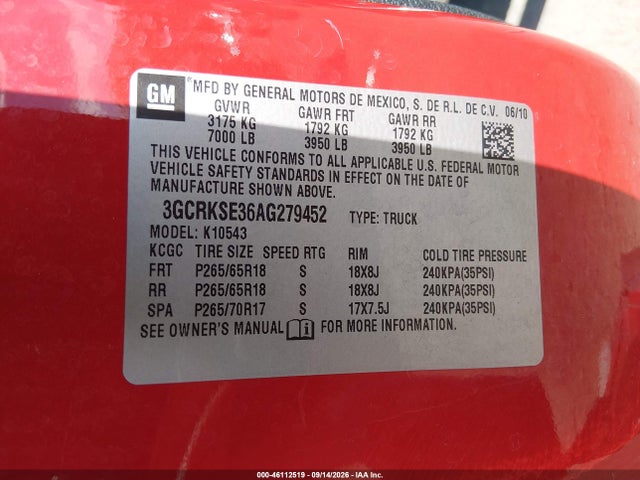 2010 Chevrolet Silverado 1500 Lt მანქანა იყიდება აუქციონზე, vin: 3GCRKSE36AG279452, აუქციონის ნომერი: 46112519