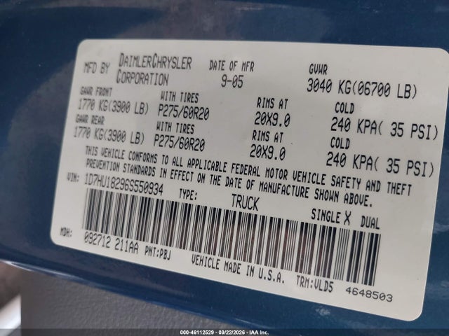 Aukcja sprzedaży 2006 Dodge Ram 1500 Laramie, vin: 1D7HU18296S550934, numer aukcji: 46112529