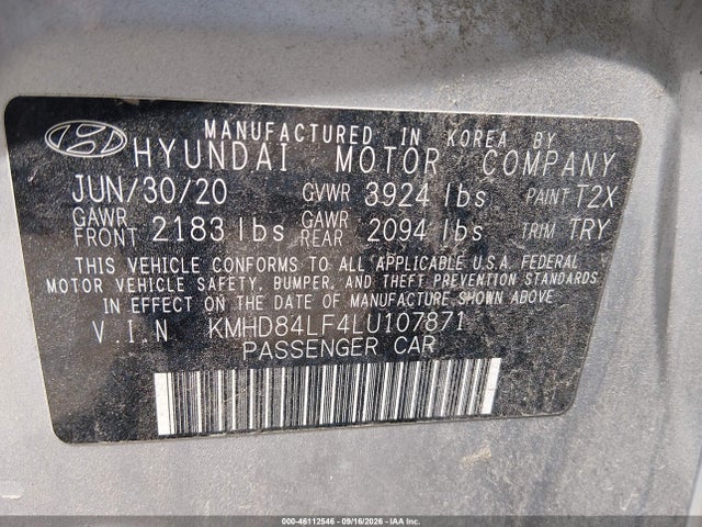Auction sale of the 2020 Hyundai Elantra Sel, vin: KMHD84LF4LU107871, lot number: 46112546